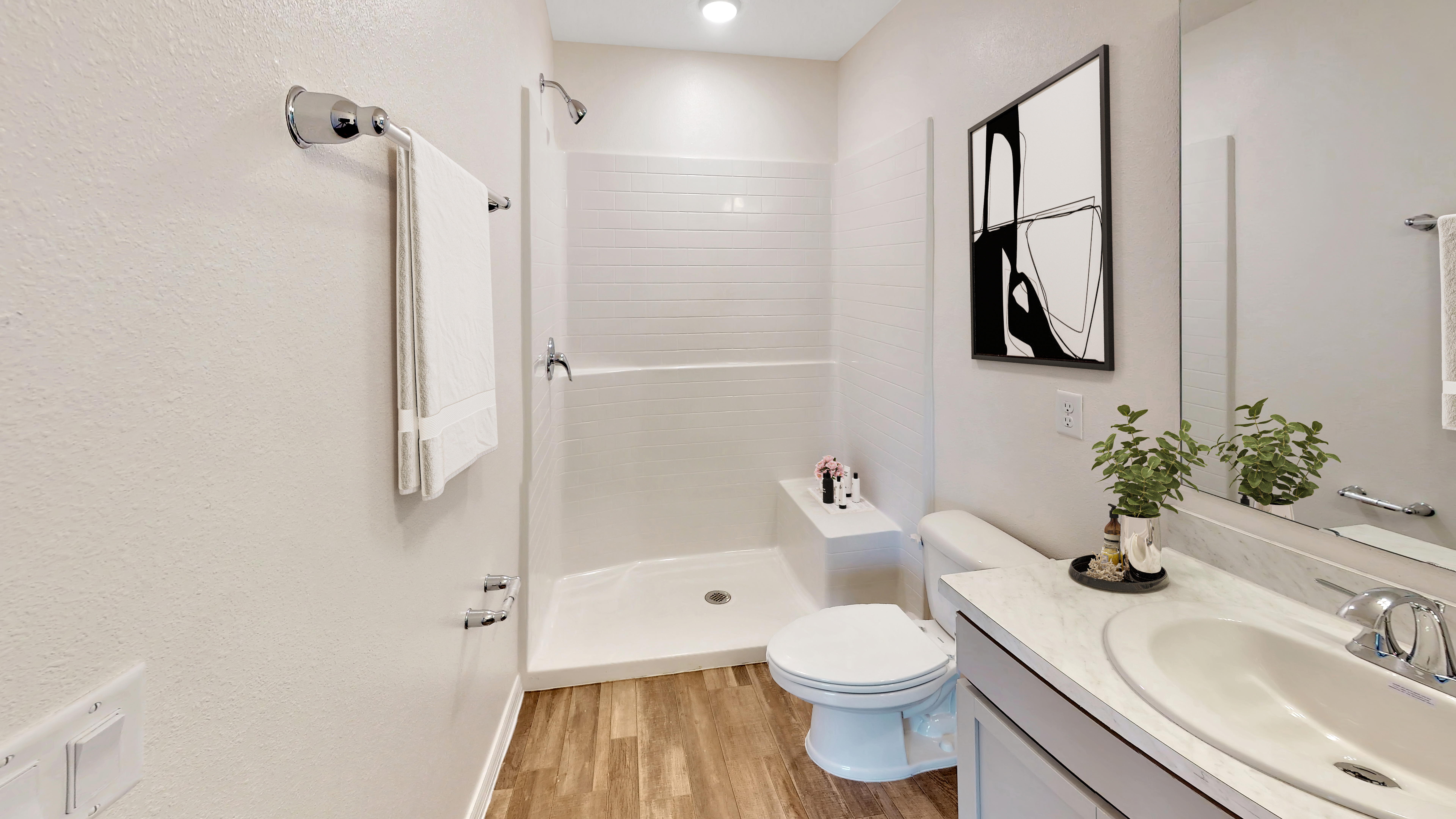 Modern minimalist bathroom with a white shower, wood flooring, potted plant, and abstract art on the wall.