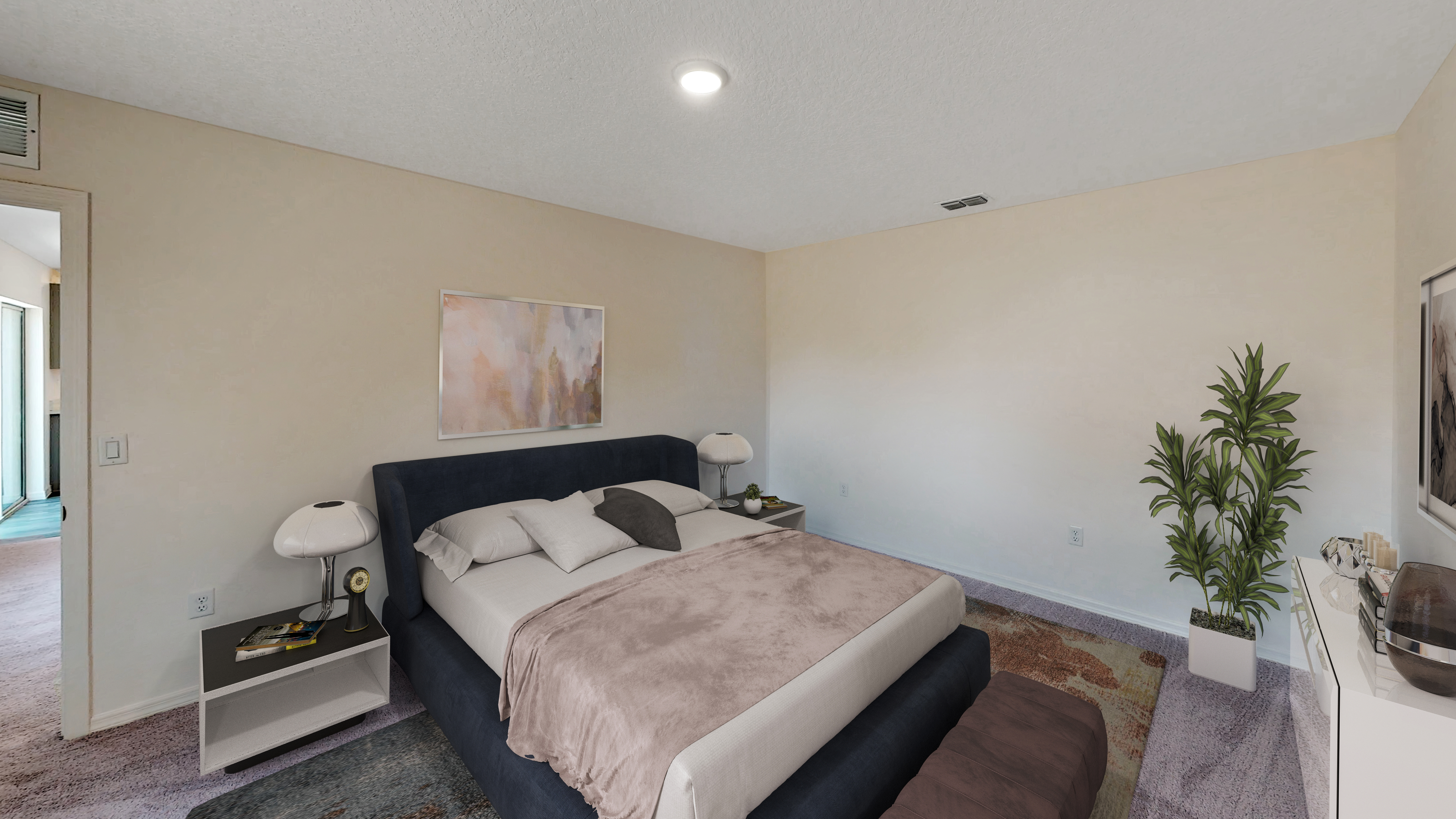 Modern bedroom featuring a plush bed with beige linens, bedside tables, indoor plant, and minimalist decor.
