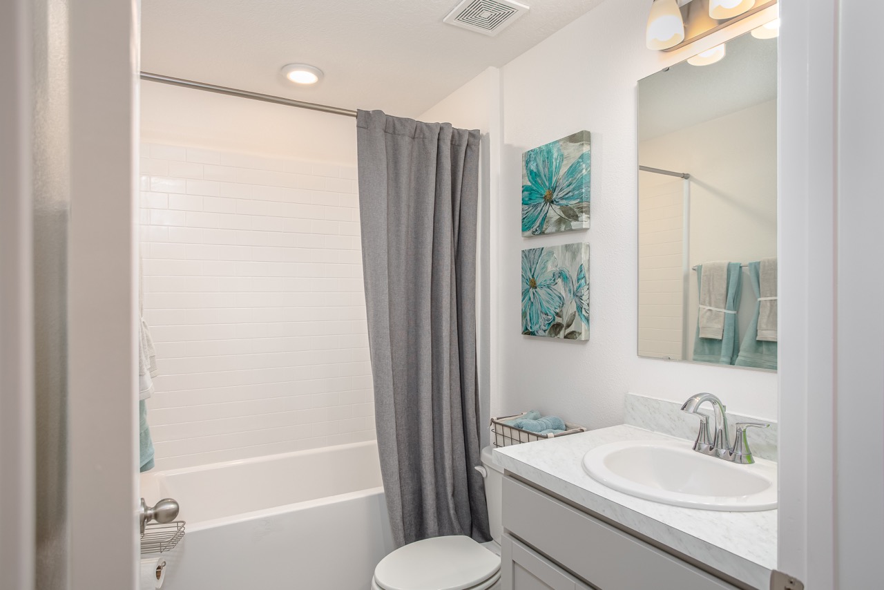 Modern bathroom with a white bathtub, gray shower curtain, floral wall art, and a marble countertop sink.