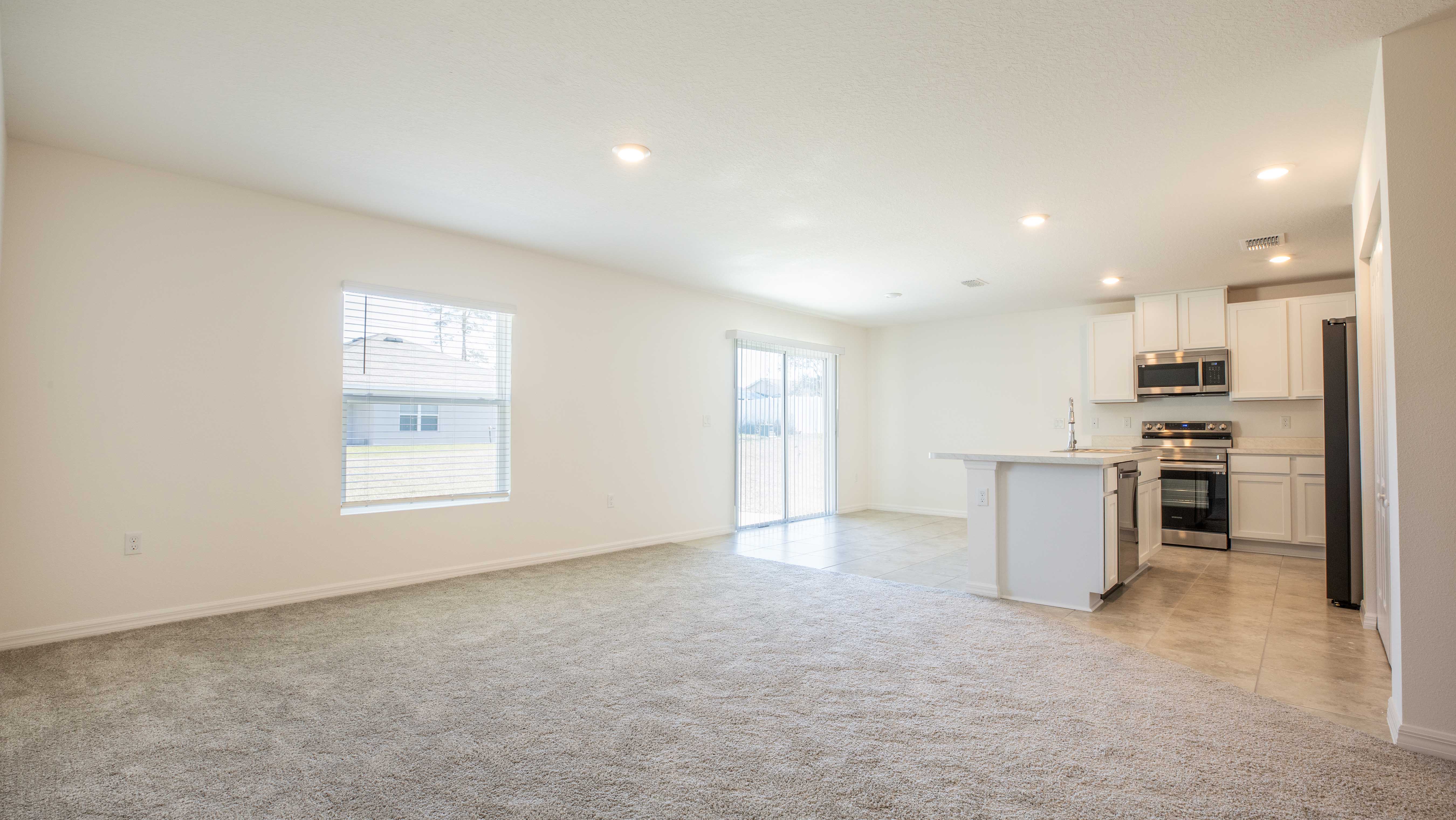 Modern open-concept living room and kitchen with beige carpet and white cabinetry.