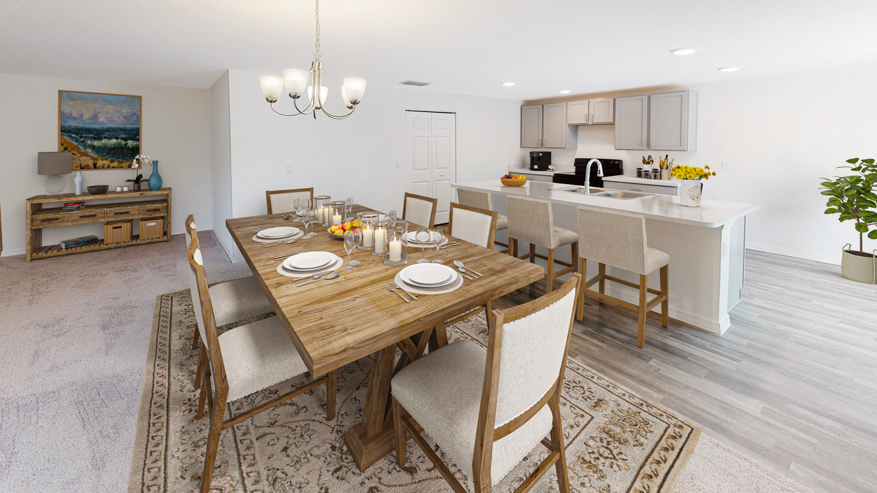 Spacious dining room with a rustic wooden table set for dinner, adjacent to a modern kitchen with bar seating and elegant decor.