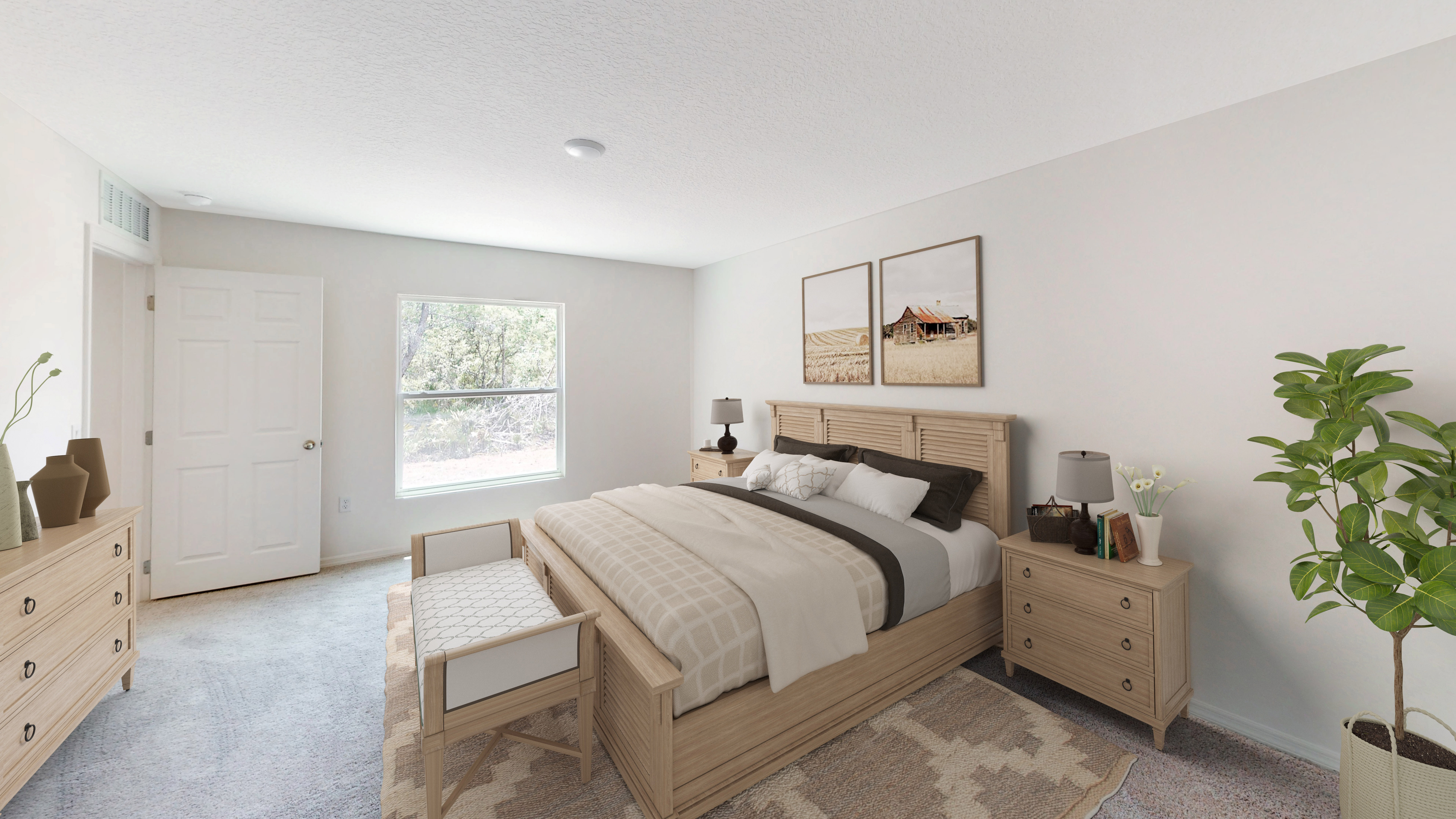 A spacious and bright modern bedroom with a cozy wooden bed, matching nightstands, decorative plants, and natural light streaming through a large window.