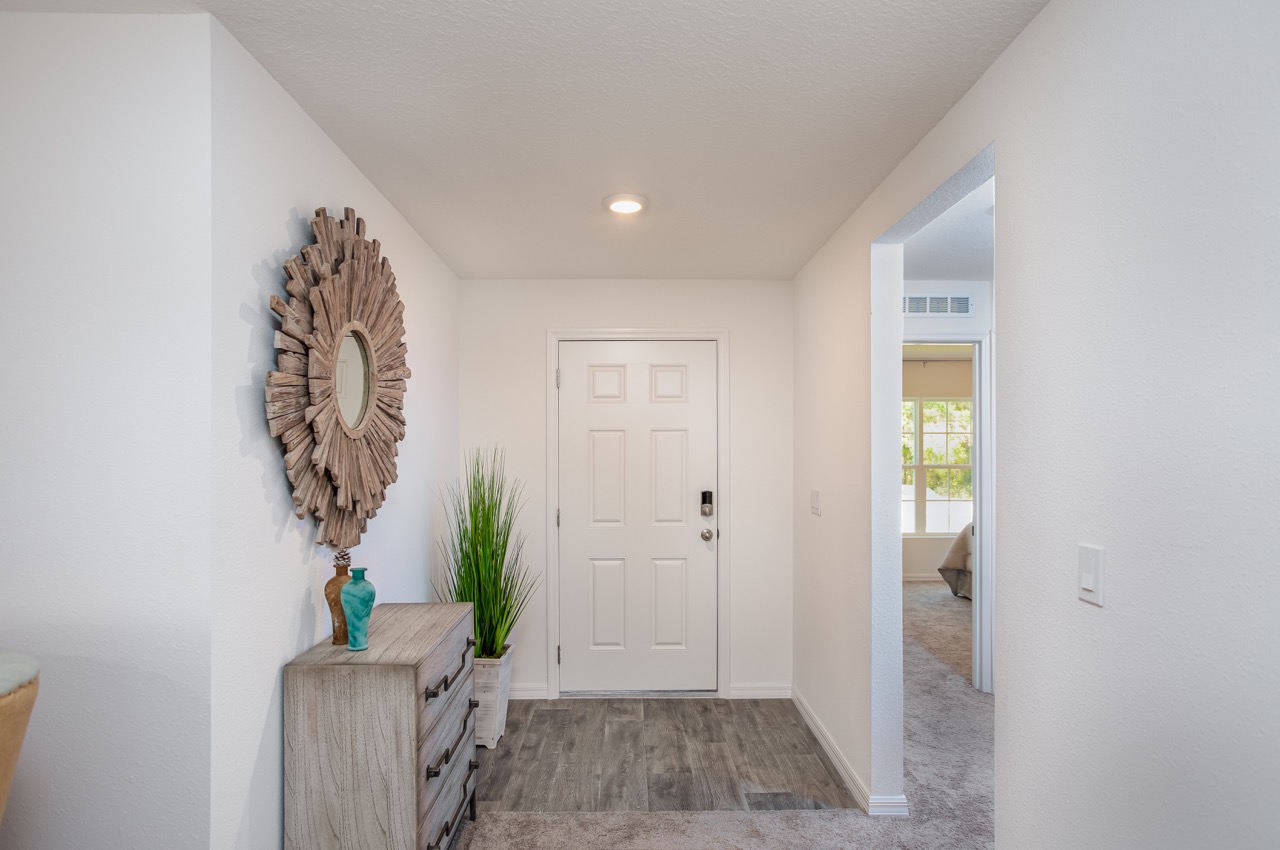 A modern home entrance hallway with a decorative mirror, a wooden dresser, potted plant, and a white front door.