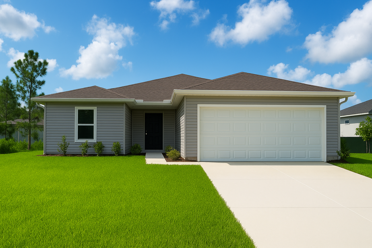 Modern single-story home with gray siding, a white garage door, and a neatly manicured lawn under a clear blue sky.