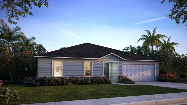 Modern single-story suburban home with a two-car garage, surrounded by lush greenery and palm trees at dusk.