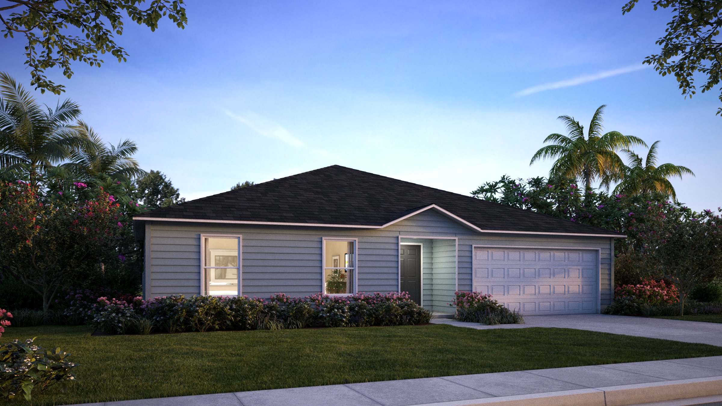 Modern single-story house with a two-car garage, surrounded by lush greenery and palm trees.