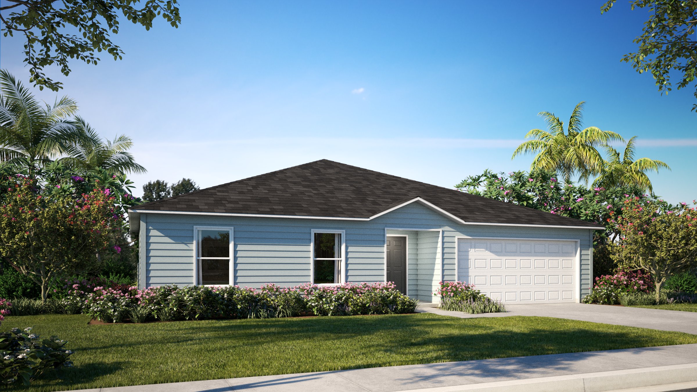 Modern single-story blue house with a two-car garage, surrounded by lush tropical landscaping.