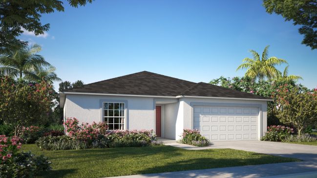 Modern single-story home with a two-car garage, surrounded by lush landscaping under a clear blue sky.