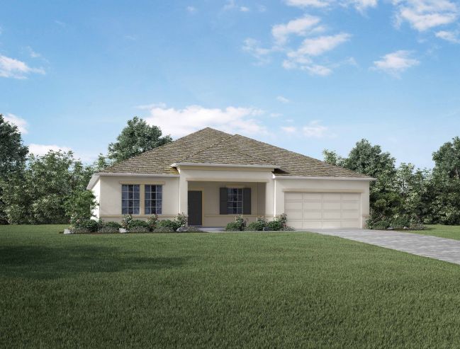 Single-story modern house with a spacious lawn, surrounded by trees and clear blue skies.