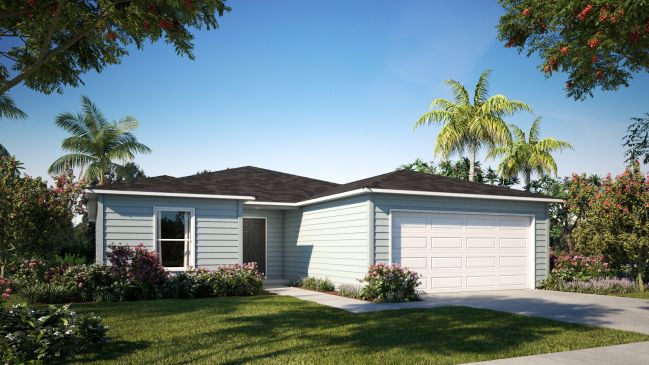 Modern single-story house with a two-car garage, surrounded by palm trees and lush landscaping under a clear blue sky.