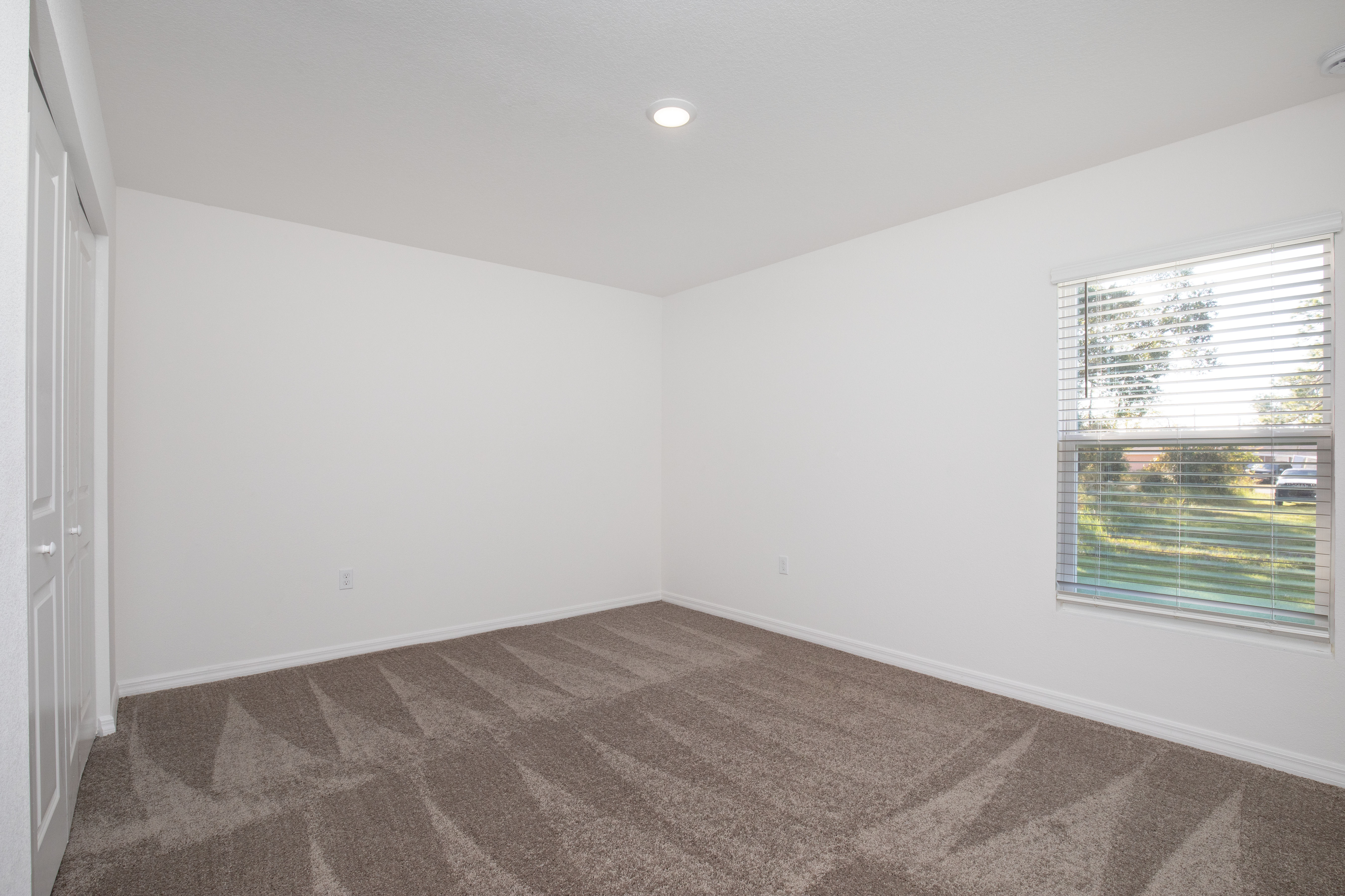 Empty room with white walls, beige carpet, a window with blinds, and a double-door closet, showcasing natural light.
